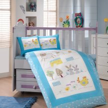 Голубое постельное белье с покрывалом «ZOO» детское, поплин, натуральное