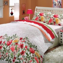 Двуспальное постельное белье «LILIAN» красного цвета с живописными цветочками, ранфорс