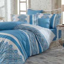 Натуральное постельное белье из поплина «LISA» синего цвета с цветочным орнаментом, полутороспальное