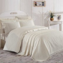 Кремовое постельное белье с покрывалом «ELITE SET» из сатина, евро, красивое