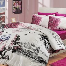 Розовое постельное белье «ISTANBUL PANAROMA» с изображением города Стамбула, поплин, евро размер