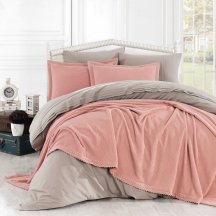 Светлое персиковое постельное белье с покрывалом и кружевом «NATURAL», поплин, евро