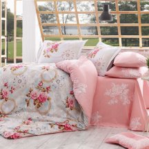 Светлое ярко-розовое постельное белье из поплина «CLEMENTINA» с розами, полутороспальное