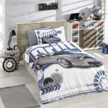 Красивое полуторный комплект постельного белья «DRIFT», автомобиль на синем фоне, поплин