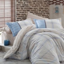 Натуральное комплект полутороспального постельного белья из поплина «CARMELA», бежевый с голубой клеткой