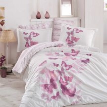 Красивое постельное белье евро размера «SUENO», поплин, белое с лиловым рисунком