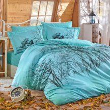 Бирюзовое постельное белье «MARGHERITA» из поплина с силуэтом леса, евро размер