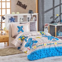 Полутороспальное постельное белье «SKATEBOARD», серое с синим рисунком, поплин, красивое