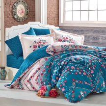 Бирюзовое постельное белье с цветами «SANCHA» из сатина, евро