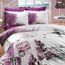 Натуральное фиолетовое постельное белье «ISTANBUL PANAROMA» с изображением города Стамбула, поплин, полутороспальное
