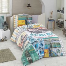 Натуральное полутороспальное постельное белье «MALIBU BEACH» с принтом на пляжную тематику, мультиколор, поплин