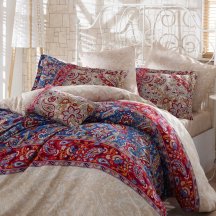 Кремовое постельное белье «CATERINA» с красными орнаментальными полосами, сатин, полутороспальное