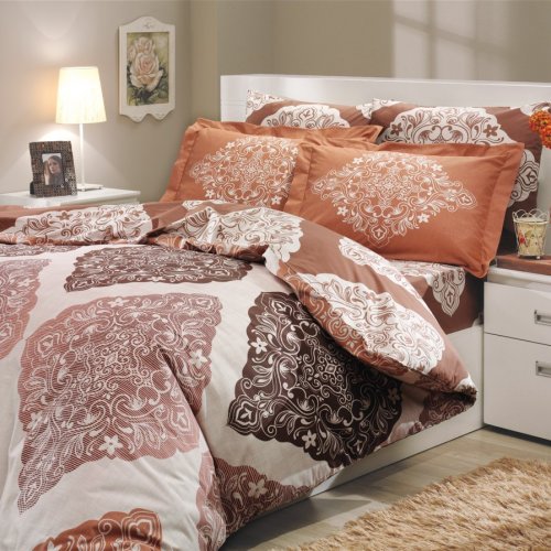 Коричневое постельное белье из поплина «AMANDA» с орнаментом в виде ромбов, полутороспальное