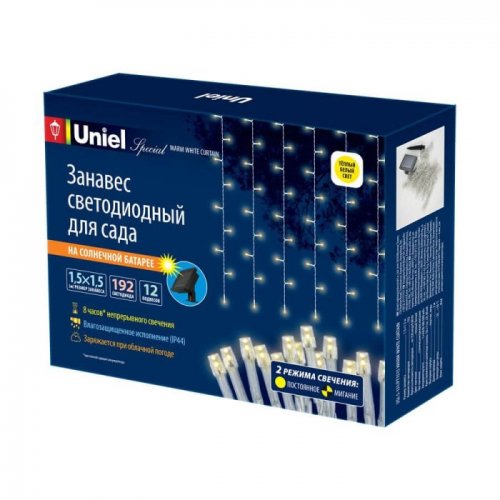 Гирлянда на солнечных батареях (UL-00006538) Uniel Занавес USL-S-131/PT1515 Warm White Curtain Гирлянда на солнечных батареях (UL-00006538) Uniel Занавес USL-S-131/PT1515 Warm White Curtain