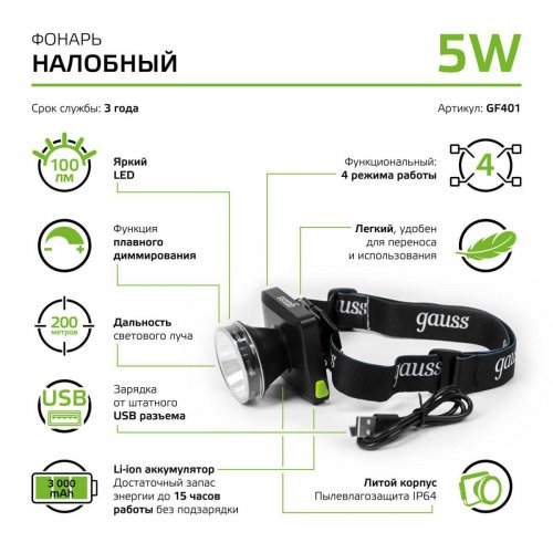 Налобный светодиодный фонарь Gauss аккумуляторный 60х70 100 лм GF401 Налобный светодиодный фонарь Gauss аккумуляторный 60х70 100 лм GF401