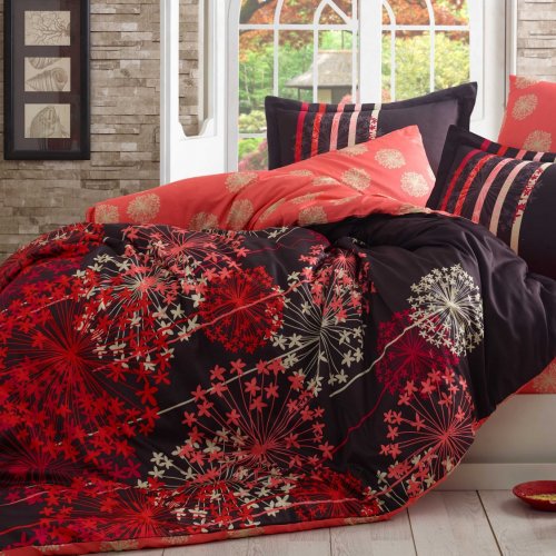 Семейное постельное белье «FIORELLA» черно-красного цвета, сатин