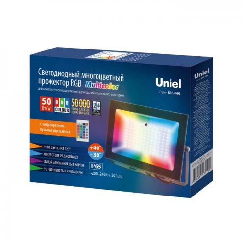 Прожектор уличный Uniel ULF-F60-50W/RGB IP65 200-240В BLACK N1