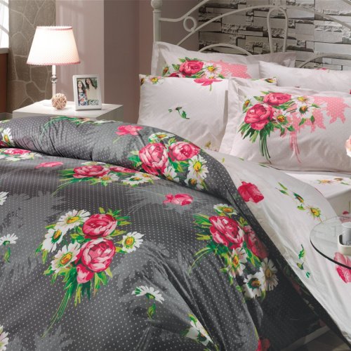 Серое постельное белье с цветами «CALVINA» из поплина, семейный размер