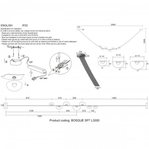 Подвесной светильник Crystal Lux BOSQUE SP7 L3000 GREY/TRANSPARENT