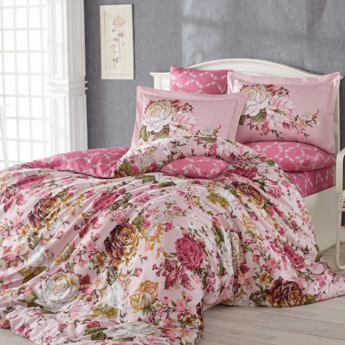 Розовое постельное белье «ROSANNA» из сатина, с цветами,евро