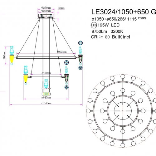 Подвесная люстра Joli LE3024/1050+650 GD