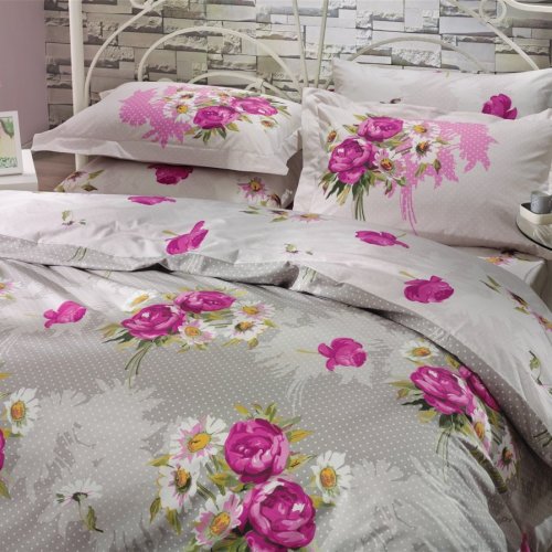 Светло-серое постельное белье из поплина «CALVINA» с яркими розовыми цветами, полуторное