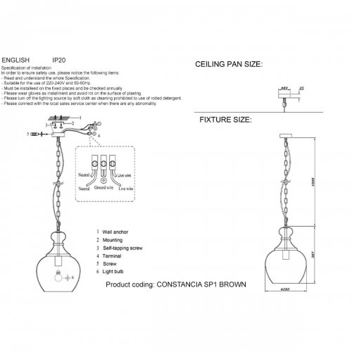 Подвесной светильник Crystal Lux CONSTANCIA SP1 BROWN Подвесной светильник Crystal Lux CONSTANCIA SP1 BROWN