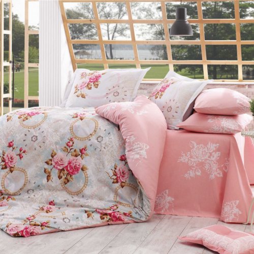 Ярко-розовое постельное белье из поплина «CLEMENTINA» с розами, двуспальное