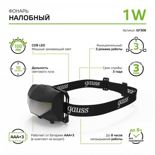 Налобный светодиодный фонарь Gauss от батареек 60х40 100 лм GF306 Налобный светодиодный фонарь Gauss от батареек 60х40 100 лм GF306