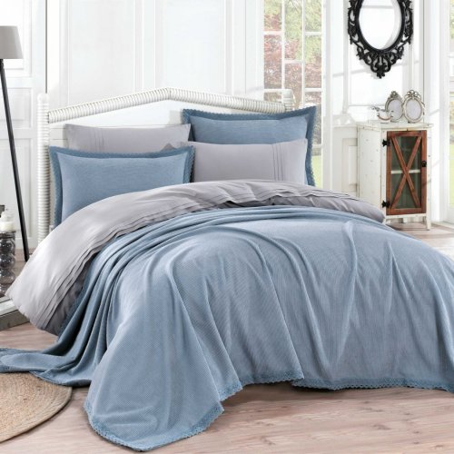 Синее постельное белье с покрывалом и кружевом «NATURAL», поплин, евро