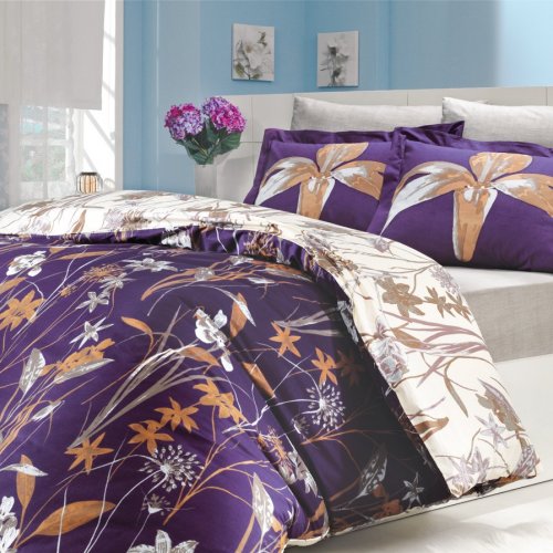 Фиолетовое постельное белье из поплина с изображением лилий «CLARINDA», полутороспальное