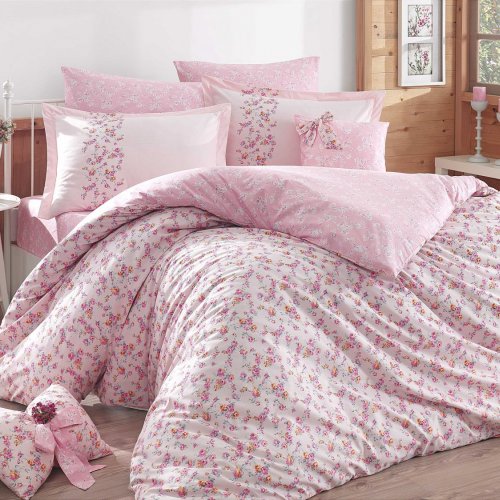 Розовое постельное белье с цветочным узором «LUISA» из поплина, евро размер