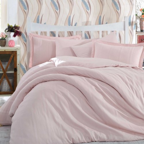 Нежно-розовое постельное белье «STRIPE», сатин-жаккард, полутороспальное