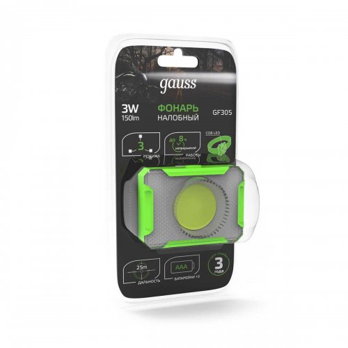 Налобный светодиодный фонарь Gauss от батареек 65х45 150 лм GF305 Налобный светодиодный фонарь Gauss от батареек 65х45 150 лм GF305